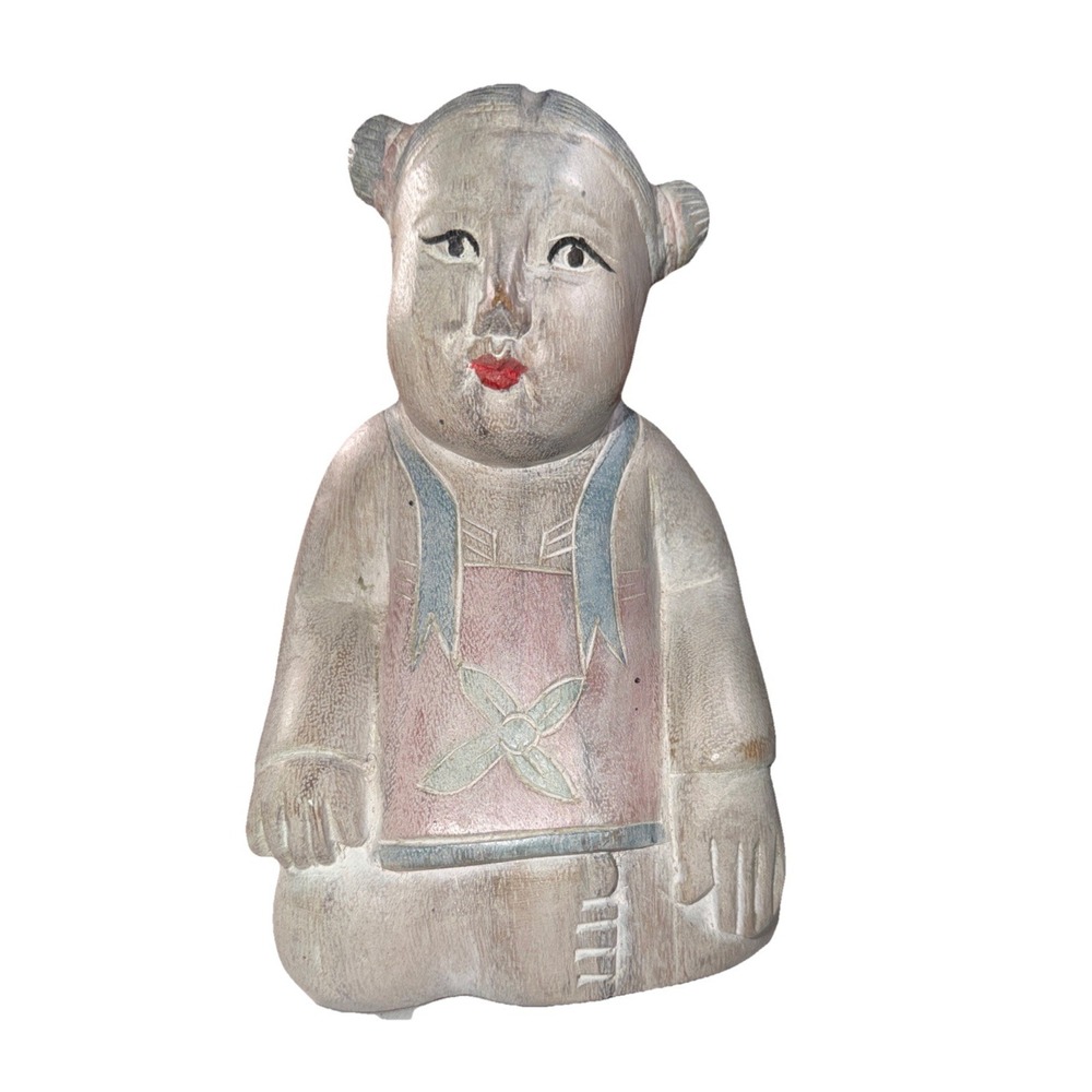 Vintage 8" Asian Girl Good Luck Figurine Carved Wood Tabletop